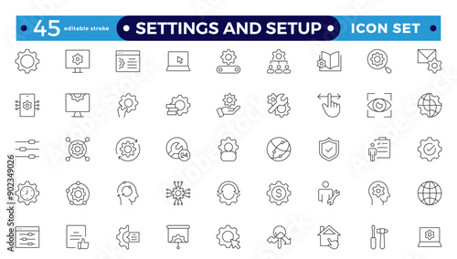 Settings and setup icon set. Containing options, configuration, preferences, adjustments, operation, gear, control panel, equalizer, optimization, and setup icons. Editable stroke outline icon.