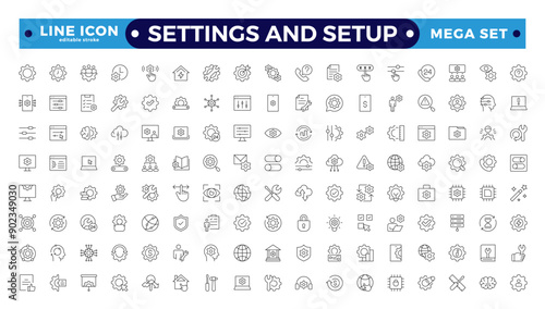 Settings and setup icon set. Containing options, configuration, preferences, adjustments, operation, gear, control panel, equalizer, optimization, and setup icons. Editable stroke outline icon.