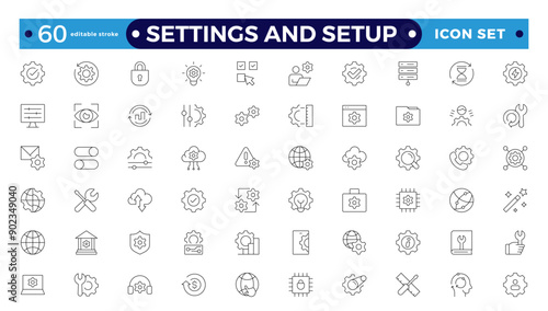 Settings and setup icon set. Containing options, configuration, preferences, adjustments, operation, gear, control panel, equalizer, optimization, and setup icons. Editable stroke outline icon.