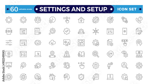 Settings and setup icon set. Containing options, configuration, preferences, adjustments, operation, gear, control panel, equalizer, optimization, and setup icons. Editable stroke outline icon.