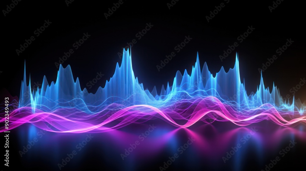 Visualization of music sound waves in blue and purple hues on a black backdrop Visualization of music sound waves in blue and purple hues on a black backdrop