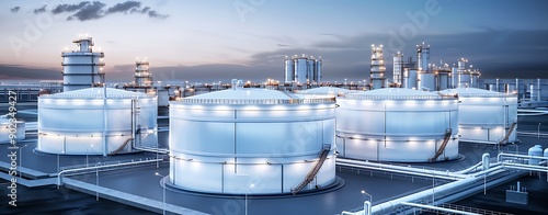A modern industrial facility with large storage tanks and towers under a twilight sky, highlighting energy infrastructure.