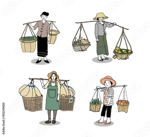 Illustration of a lady hawker in the market. Hand drawn style vector illustration.
