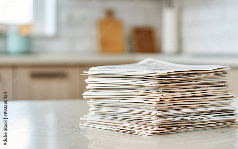 A close-up of a stack of assorted papers on a kitchen countertop, showcasing organization and domestic life. A close-up of a stack of assorted papers on a kitchen countertop, showcasing organization and domestic life.