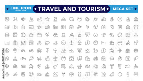 Travel icon set. Summer vacations and holiday symbol vector illustration. Collection of traveling and tourism elements. Travel and tourism icon set. Airplane, trip. Editable stroke outline icon.
