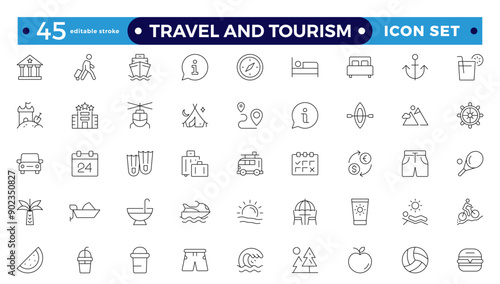 Travel icon set. Summer vacations and holiday symbol vector illustration. Collection of traveling and tourism elements. Travel and tourism icon set. Airplane, trip. Editable stroke outline icon.
