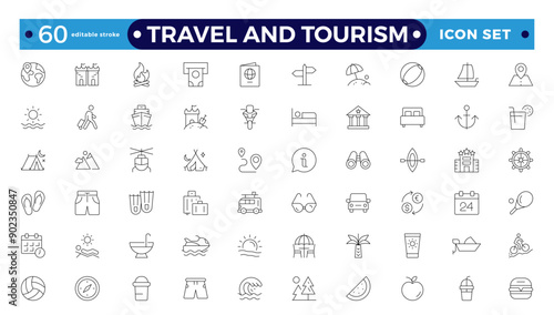 Travel icon set. Summer vacations and holiday symbol vector illustration. Collection of traveling and tourism elements. Travel and tourism icon set. Airplane, trip. Editable stroke outline icon.
