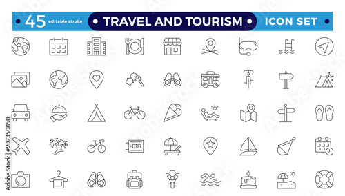 Travel icon set. Summer vacations and holiday symbol vector illustration. Collection of traveling and tourism elements. Travel and tourism icon set. Airplane, trip. Editable stroke outline icon.

