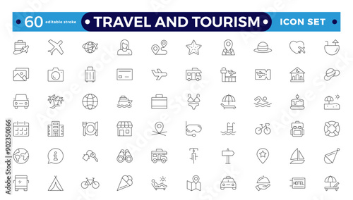 Travel icon set. Summer vacations and holiday symbol vector illustration. Collection of traveling and tourism elements. Travel and tourism icon set. Airplane, trip. Editable stroke outline icon.
