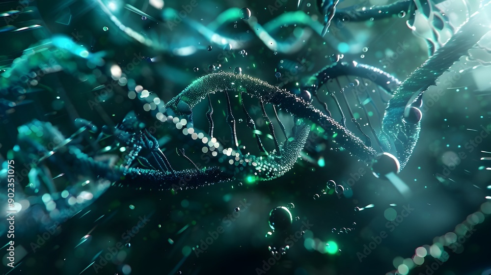 Digital DNA Double Helix with Glowing Elements and Abstract Particles Digital DNA Double Helix with Glowing Elements and Abstract Particles