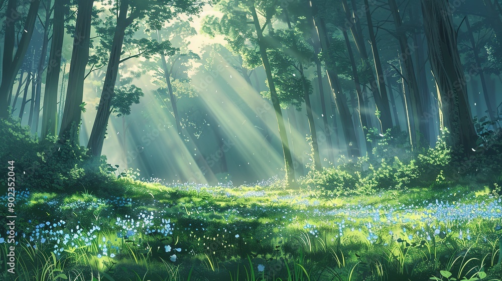 Fototapeta premium Sunbeams Illuminating a Forest Clearing with Blue Flowers