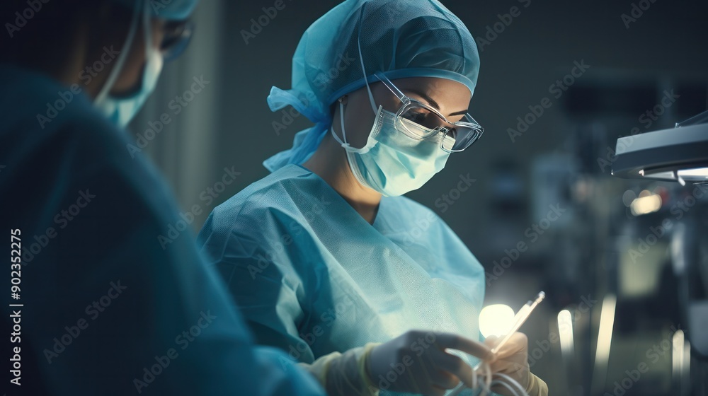 A medical professional in sterile attire, including a face shield and gown, is adjusting surgical instruments with precision in a brightly lit operating room. The background is a soft black blur A medical professional in sterile attire, including a face shield and gown, is adjusting surgical instruments with precision in a brightly lit operating room. The background is a soft black blur