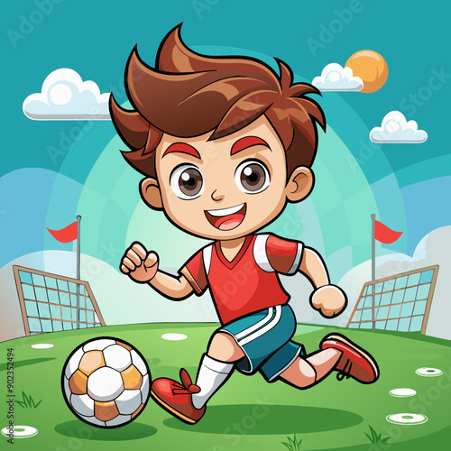 Cartoon little boy playing footbal