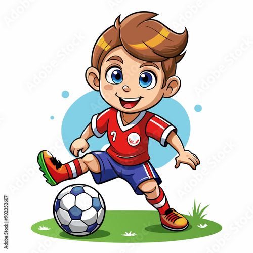 Cartoon little boy playing footbal