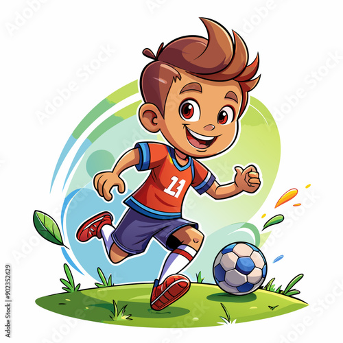 Cartoon little boy playing footbal