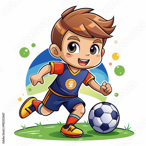 Cartoon little boy playing footbal