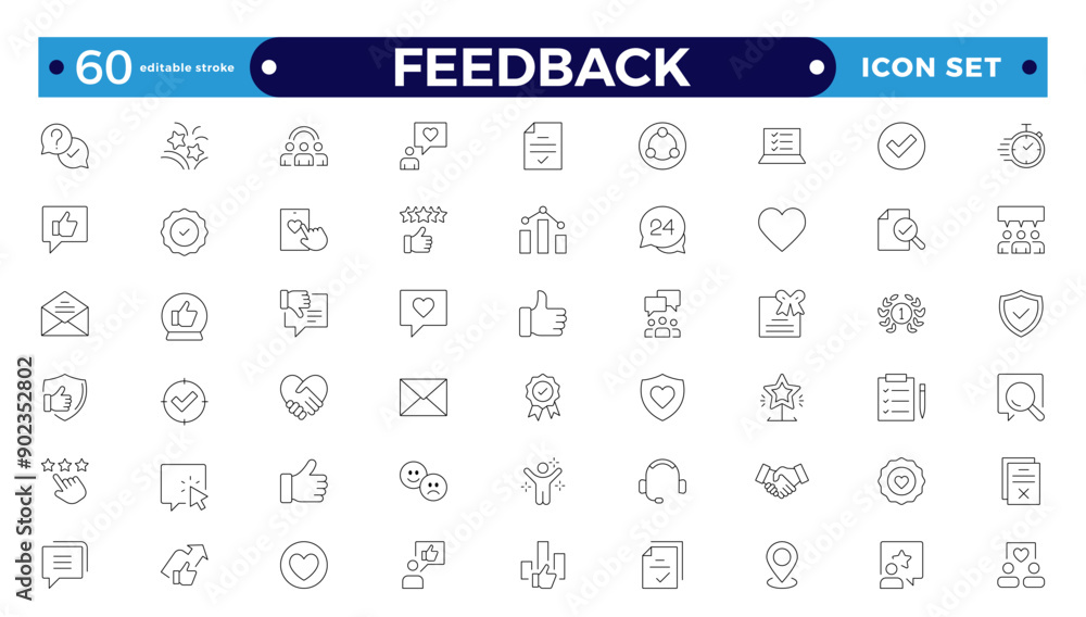 Feedback Outline Icon Collection. Thin Line Set contains such Icons as Rating, Testimonials, Quick Response, Satisfaction and more. Simple icon set. Editable stroke outline icon.
