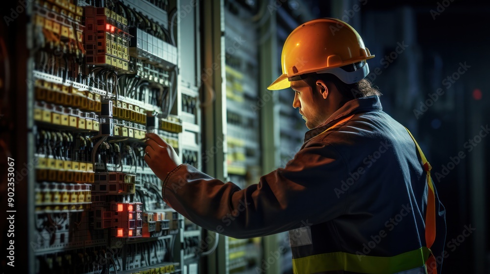 A technician is focused on repairing an electrical switchboard, adjusting automatic switches with precision. The switchboard is filled with various circuit breakers and control panels. A technician is focused on repairing an electrical switchboard, adjusting automatic switches with precision. The switchboard is filled with various circuit breakers and control panels.