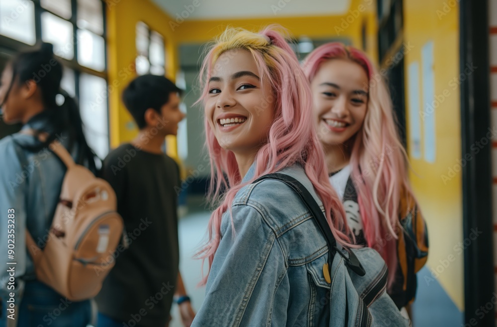 Two smiling teenage girls with pink hair stand together in a bright hallway. Back to school concept. Two smiling teenage girls with pink hair stand together in a bright hallway. Back to school concept.