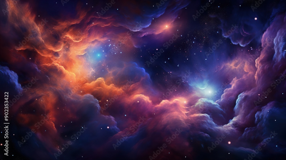 Fototapeta premium An awe-inspiring cosmic scene featuring a colorful nebula with bright, swirling clouds of red, orange, and teal. The image depicts a supernova explosion and a dense star field