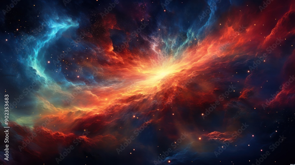 Naklejka premium An awe-inspiring cosmic scene featuring a colorful nebula with bright, swirling clouds of red, orange, and teal. The image depicts a supernova explosion and a dense star field