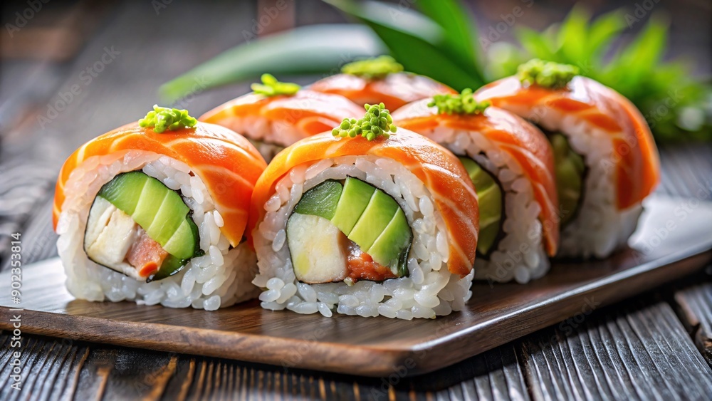 Photography of a delicious sushi roll with rice, avocado and salmon. Photography of a delicious sushi roll with rice, avocado and salmon.