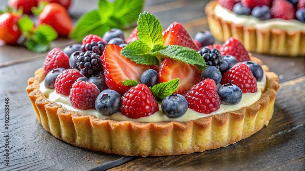 A delicious berry tart with strawberries, raspberries, and blueberries on a cream. A delicious berry tart with strawberries, raspberries, and blueberries on a cream.