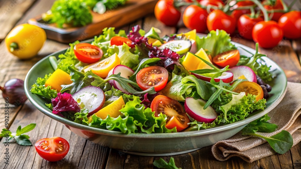 A fresh salad with mixed greens, tomatoes and cucumbers on a plate. A fresh salad with mixed greens, tomatoes and cucumbers on a plate.