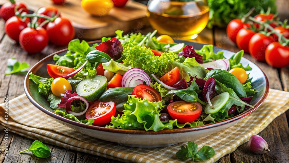 A fresh salad with mixed greens, tomatoes and cucumbers on a plate. A fresh salad with mixed greens, tomatoes and cucumbers on a plate.