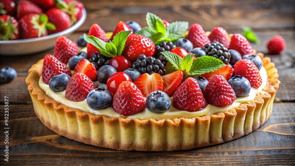 A delicious berry tart with strawberries, raspberries, and blueberries on a cream. A delicious berry tart with strawberries, raspberries, and blueberries on a cream.