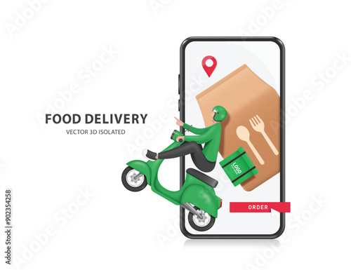 Food delivery drivers in green uniforms drive motorcycles or scooters to deliver food to customers following red pin map indicating customer's coordinates, vector for food delivery advertising design