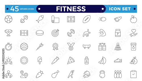 Gym and fitness icon set. Containing healthy lifestyle, weight training, body care, and workout or exercise equipment icons. Outline icon collection. Editable stroke outline icon. 