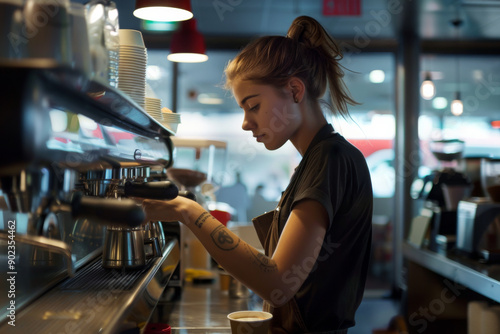 Happy customer service faces in a Fast food restaurant busy hours with customers and workers, waitress and customer service men and women attending customers with smiles, serving food and taking order