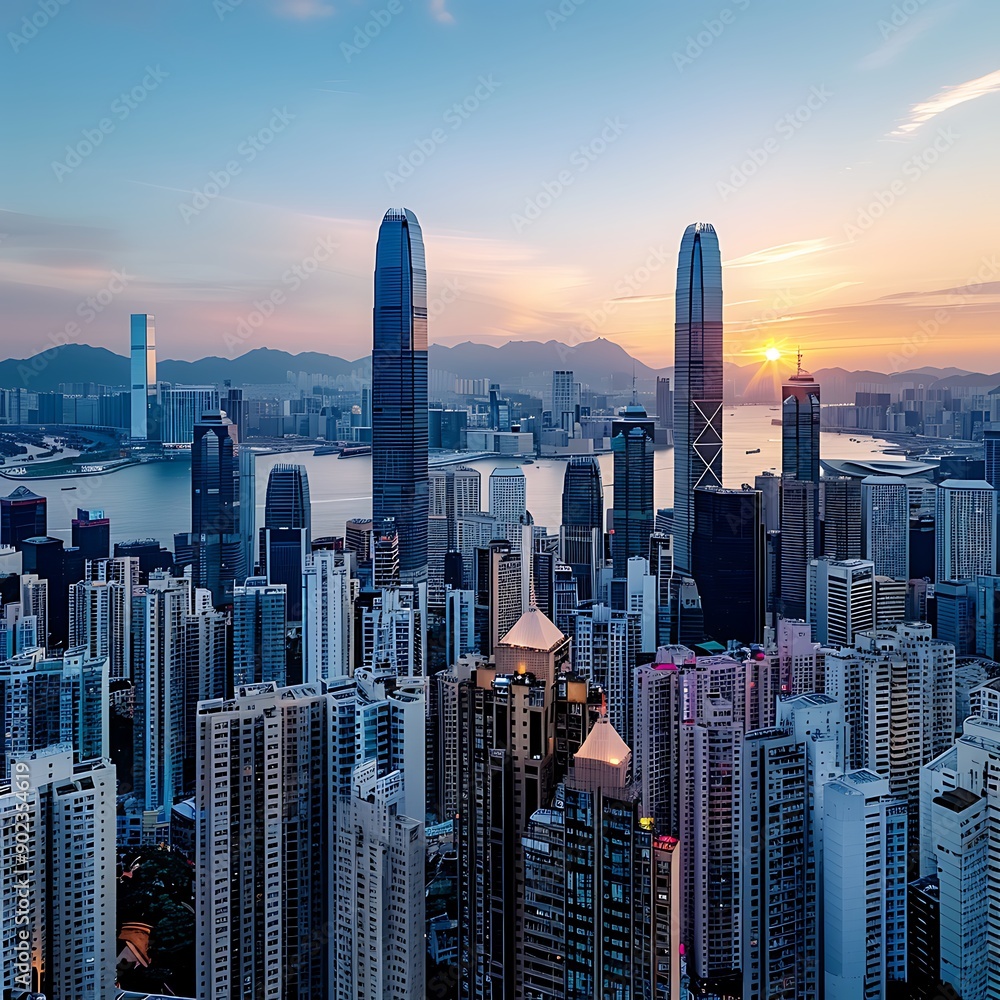 Fototapeta premium Close-up of a city skyline at sunrise, more clarity with clear light and sharp focus, high detailed