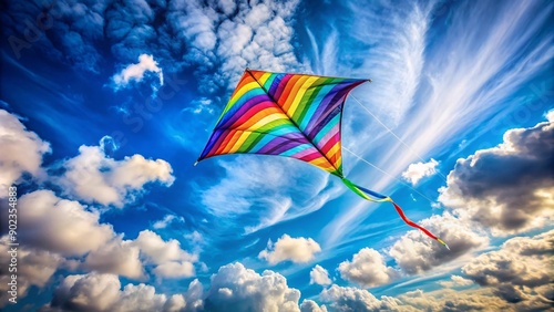 A colorful kite soaring high in a blue sky on a windy summer day.