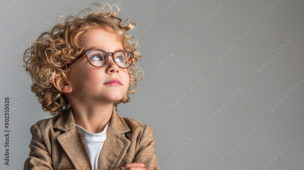 A young child with curly hair wearing glasses looks confidently while posing indoors