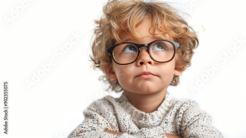 A curious child wearing glasses appears lost in thought indoors
