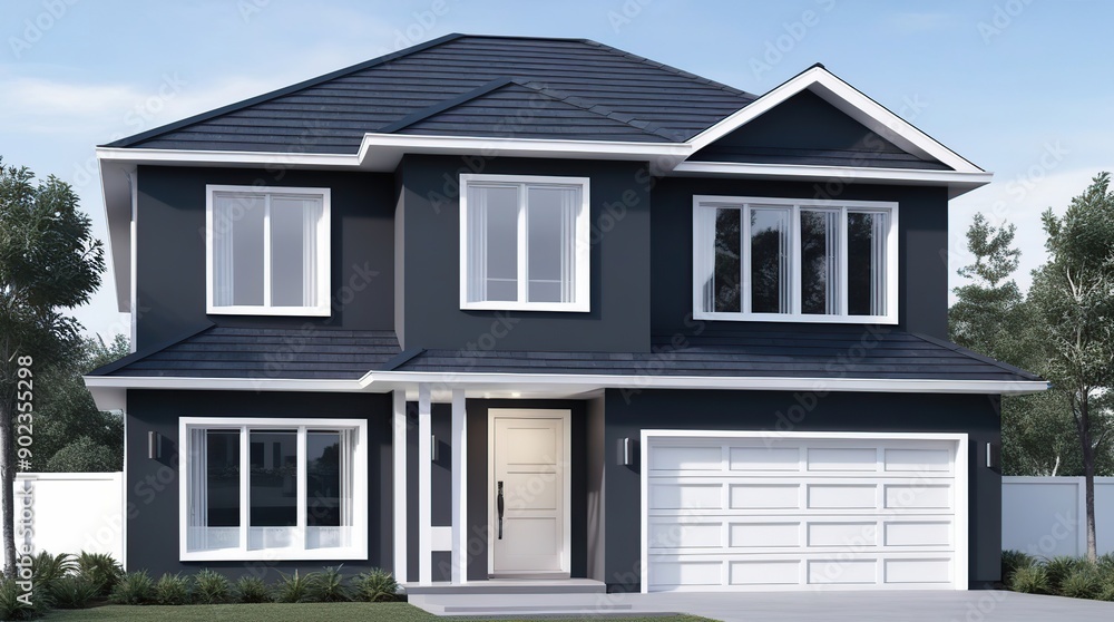 A sleek and modern two-story house with a contemporary concept, featuring a harmonious blend of dark grey and white hues that exude comfort and serenity A sleek and modern two-story house with a contemporary concept, featuring a harmonious blend of dark grey and white hues that exude comfort and serenity