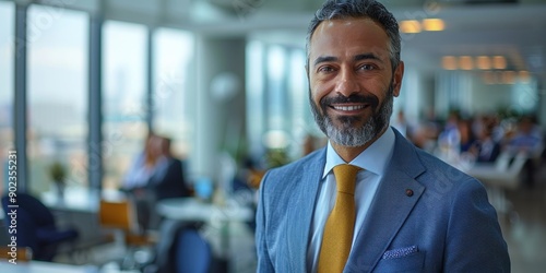 Businessman poses confidently in a contemporary office with skyline view