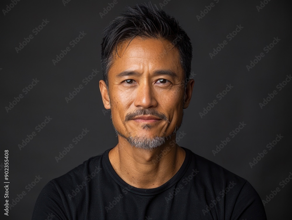 Obraz premium A man with salt-and-pepper hair confidently poses in a studio with a dark backdrop