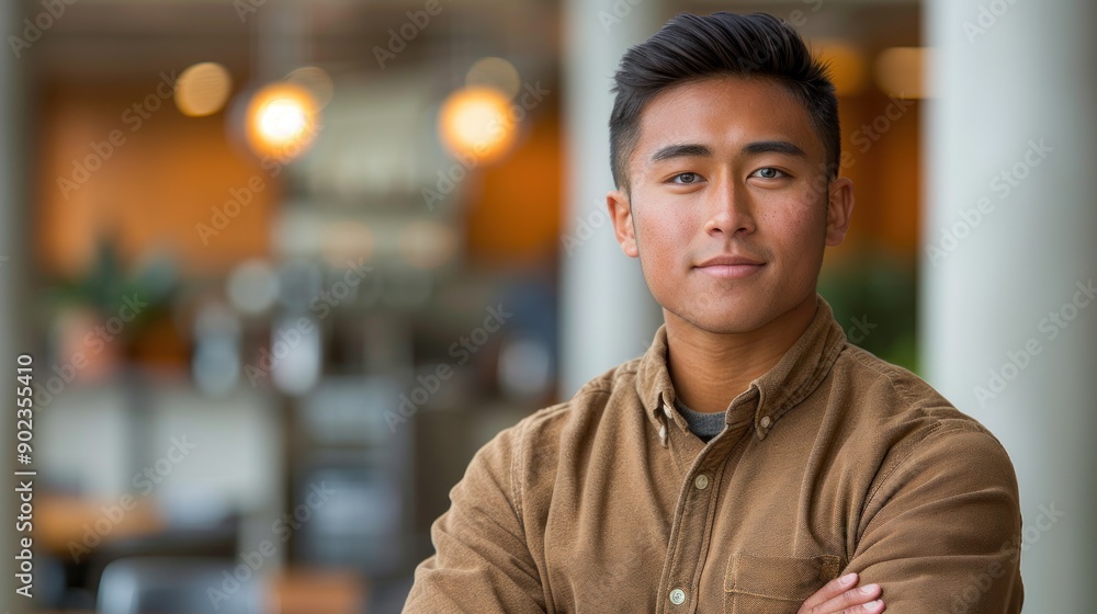 Fototapeta premium A young man with a confident expression stands in a bustling café setting
