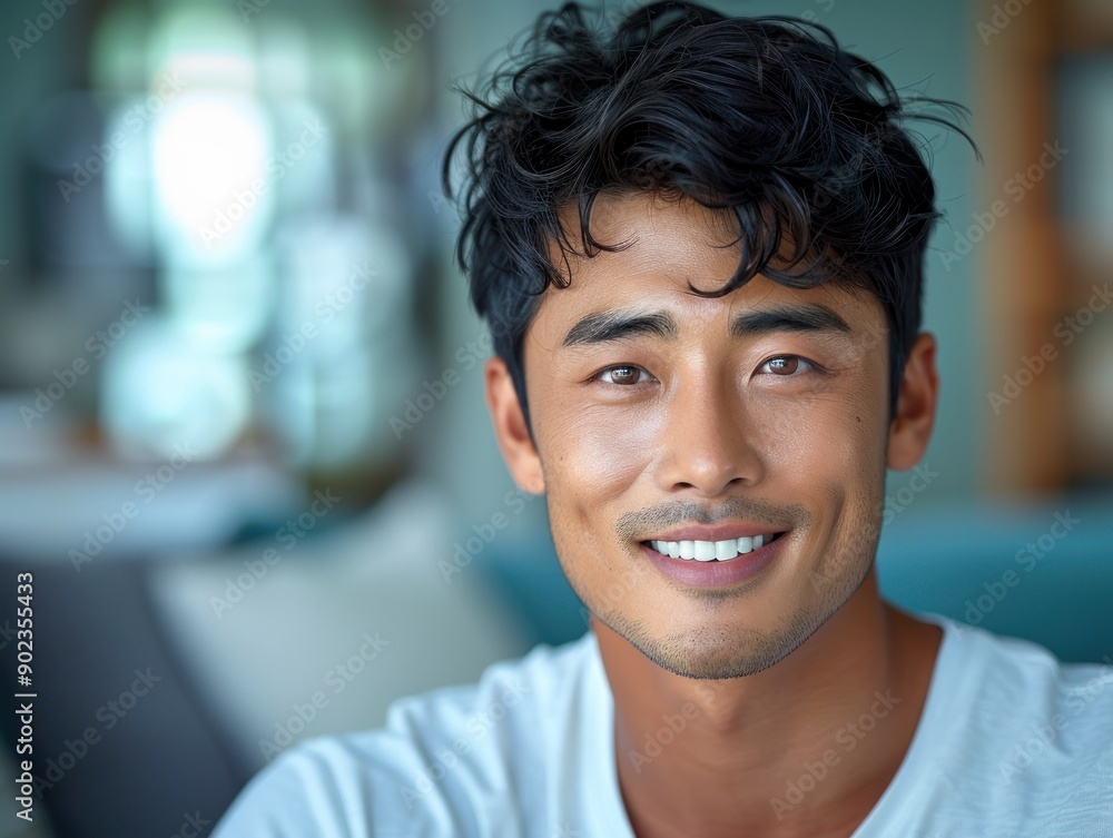 A cheerful young man smiles warmly while sitting in a well-lit indoor space A cheerful young man smiles warmly while sitting in a well-lit indoor space