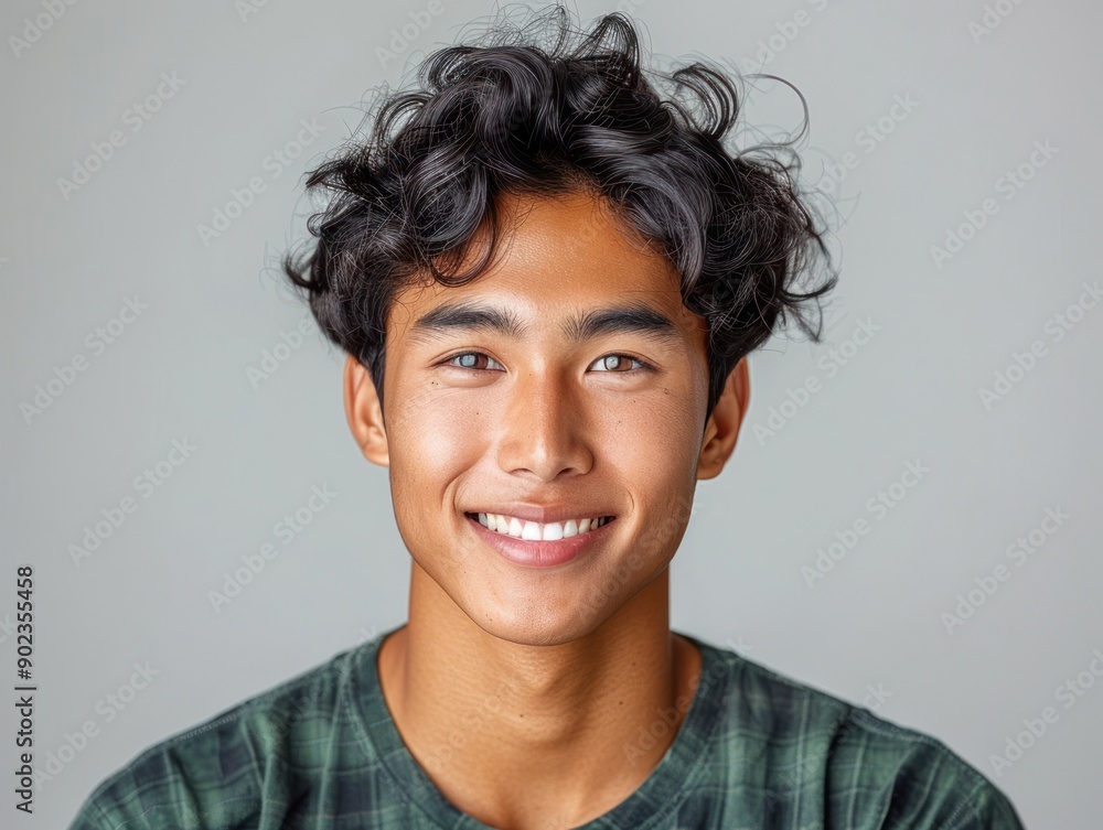 A young man with curly hair smiles brightly, showcasing a friendly demeanor A young man with curly hair smiles brightly, showcasing a friendly demeanor