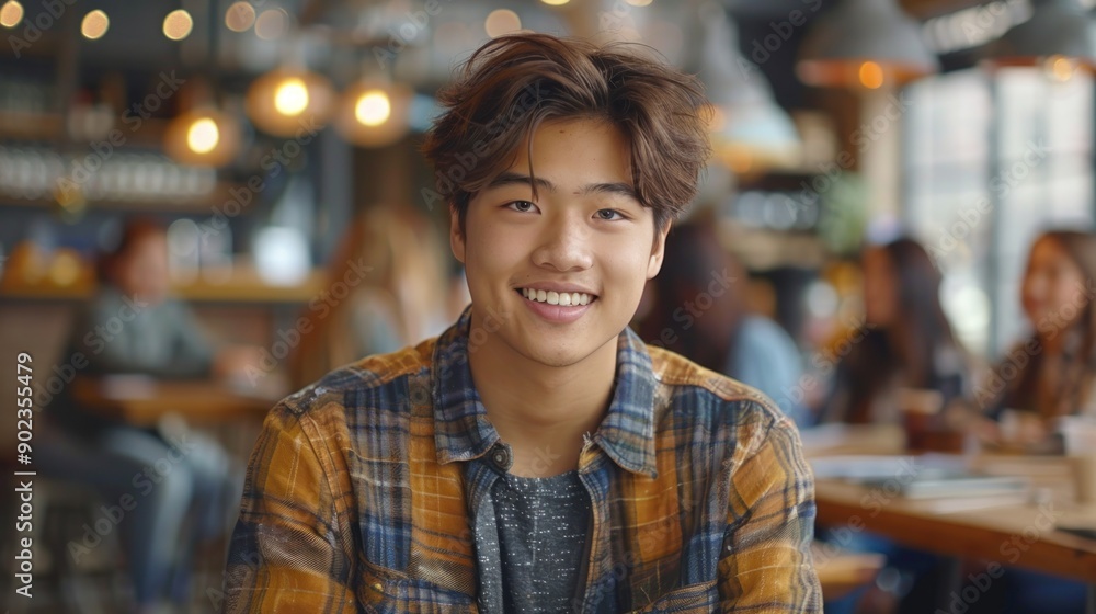 A cheerful young man enjoying a moment at a bustling café filled with friends A cheerful young man enjoying a moment at a bustling café filled with friends