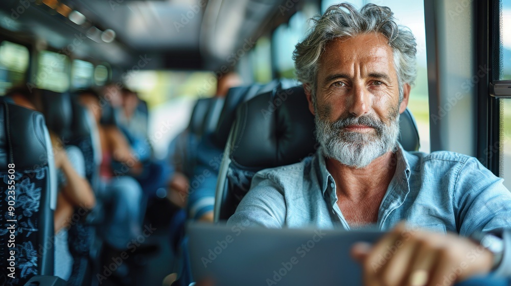 A middle-aged man sits on a bus, focused and contemplative as he travels A middle-aged man sits on a bus, focused and contemplative as he travels