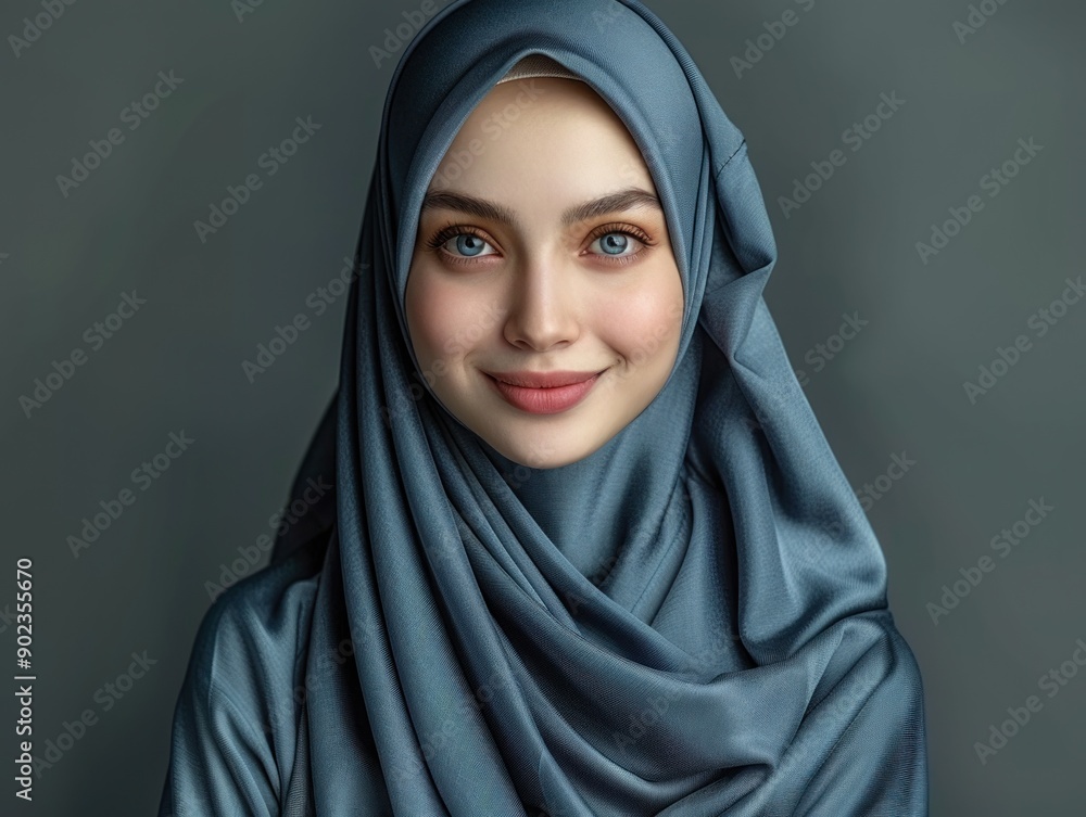 A young woman with captivating eyes smiles while wearing a blue hijab A young woman with captivating eyes smiles while wearing a blue hijab