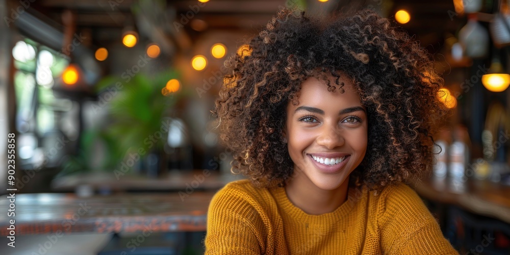A cheerful young woman enjoys her time in a cozy cafe filled with warm lighting A cheerful young woman enjoys her time in a cozy cafe filled with warm lighting