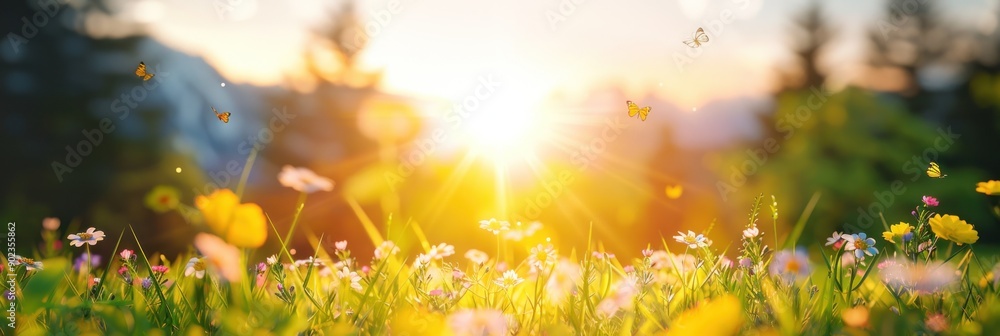 Flowers bloom as the sun rises over a tranquil meadow filled with butterflies Flowers bloom as the sun rises over a tranquil meadow filled with butterflies