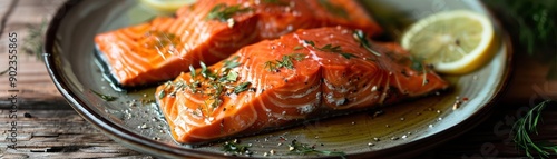 Delicious Grilled Salmon Filets with Fresh Herbs and Lemon Slices on Rustic Plate