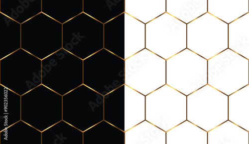 Seamless pattern, Gold honeycomb mesh on a white and black background. Vector illustration.